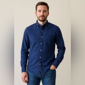 Hartford Men’s Button-Down Shirt Navy Blue Anchor Print Size L